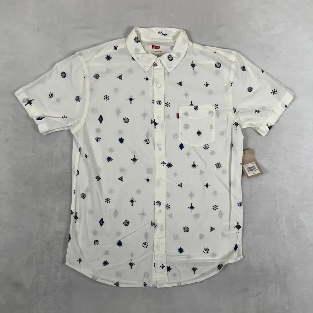 Levi's Shirt Mens Medium White Geometric Short Sleeve Button Front Casual Summer